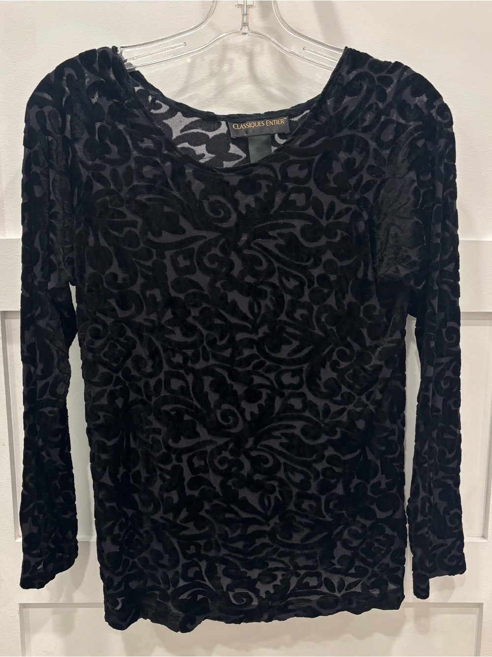 Classiques Entier Burn Out Black Velvet Burnout Long Sleeve Top w/ Floral Swirl